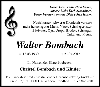 Traueranzeige von Walter Bombach von Mitteldeutsche Zeitung Dessau-Roßlau