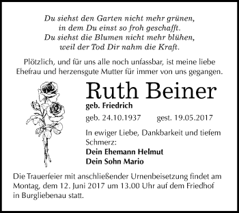 Traueranzeige von Ruth Beiner von WVG - Wochenspiegel Merseburg