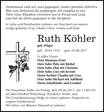 Traueranzeige von Ruth Köhler von Mitteldeutsche Zeitung Wittenberg