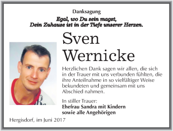 Traueranzeige von Sven Wernicke von Mitteldeutsche Zeitung Mansfelder Land