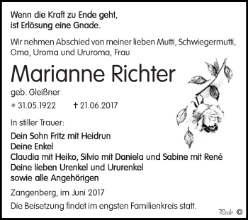Traueranzeige von Marianne Richter von Super Sonntag Zeitz