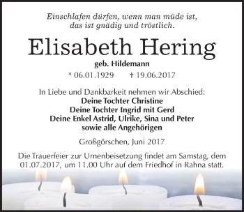 Traueranzeige von Elisabeth Hering von Mitteldeutsche Zeitung Weißenfels