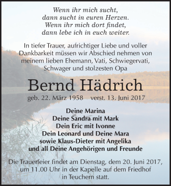 Traueranzeige von Bernd Hädrich von Mitteldeutsche Zeitung Weißenfels