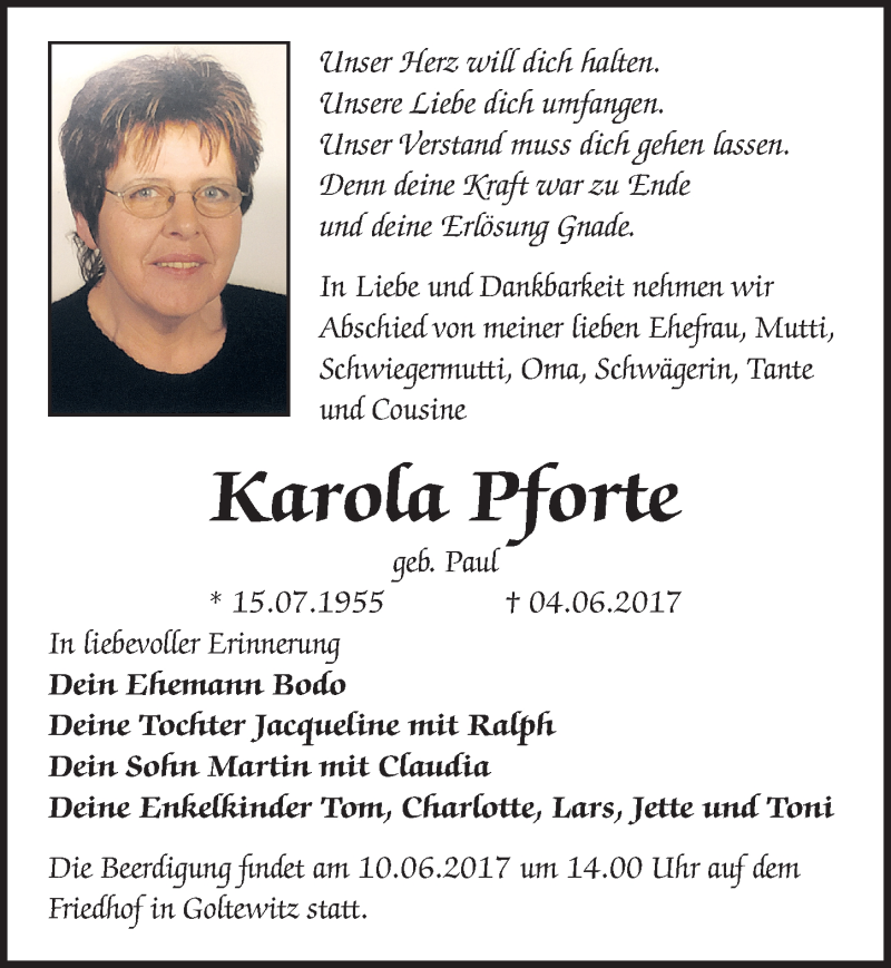  Traueranzeige für Karola Pforte vom 08.06.2017 aus Mitteldeutsche Zeitung Wittenberg