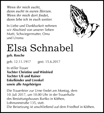 Traueranzeige von Elsa Schnabel von Mitteldeutsche Zeitung Köthen