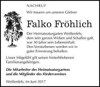 Traueranzeige von Falko Fröhlich von Mitteldeutsche Zeitung Weißenfels