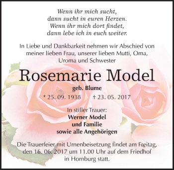 Traueranzeige von Rosemarie Model von Mitteldeutsche Zeitung Mansfelder Land