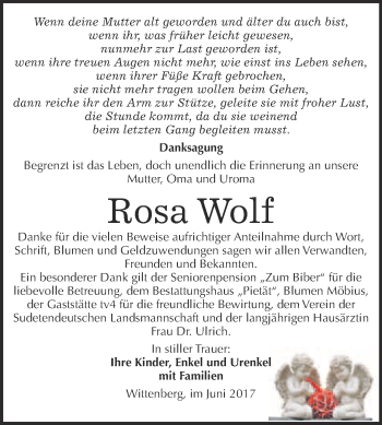 Traueranzeige von Rosa Wolf von Super Sonntag Wittenberg
