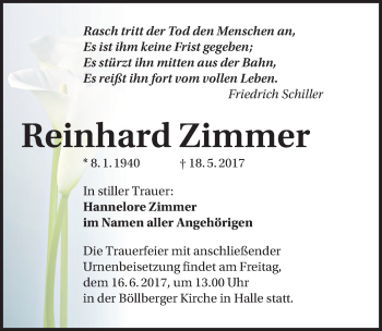 Traueranzeige von Reinhard Zimmer von Mitteldeutsche Zeitung Halle/Saalkreis