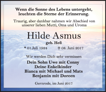 Traueranzeige von Hilde Asmus von Mitteldeutsche Zeitung Quedlinburg