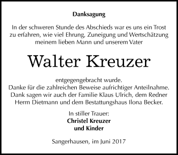 Traueranzeige von Walter Kreuzer von Mitteldeutsche Zeitung Sangerhausen