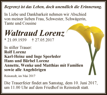 Traueranzeige von Waltraud Lorenz von Super Sonntag Aschersleben