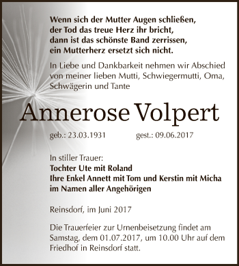 Traueranzeige von Annerose Volpert von WVG - Wochenspiegel NMB / WSF / ZTZ