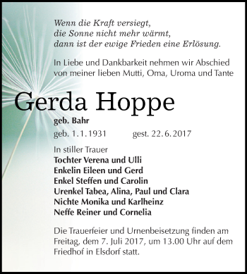 Traueranzeige von Gerda Hoppe von WVG - Wochenspiegel Dessau / Köthen