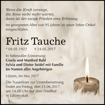 Traueranzeige von Fritz Tauche von Super Sonntag Merseburg