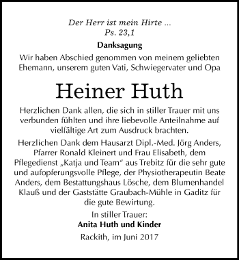 Traueranzeige von Heiner Huth von Mitteldeutsche Zeitung Wittenberg