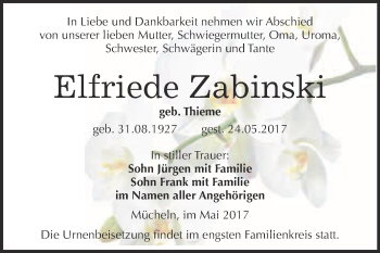 Traueranzeige von Elfriede Zabinski von WVG - Wochenspiegel Merseburg