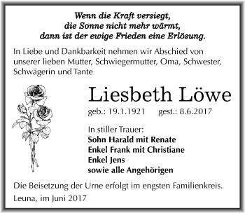 Traueranzeige von Liesbeth Löwe von Mitteldeutsche Zeitung Merseburg/Querfurt