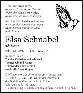 Traueranzeige von Elsa Schnabel von WVG - Wochenspiegel Dessau / Köthen