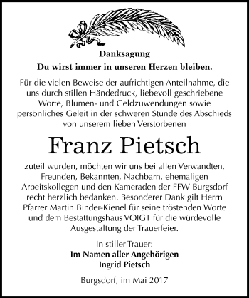 Traueranzeige von Franz Pietsch von Mitteldeutsche Zeitung Mansfelder Land