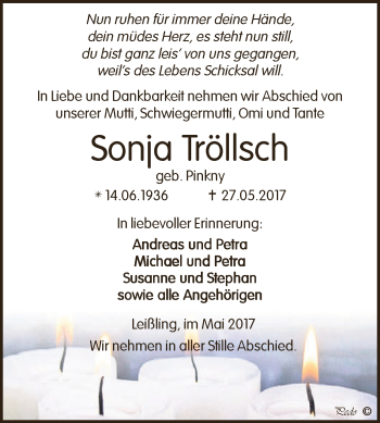 Traueranzeige von Sonja Tröllsch von WVG - Wochenspiegel NMB / WSF / ZTZ