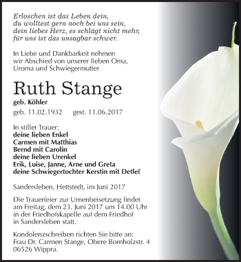 Traueranzeige von Ruth Stange von Mitteldeutsche Zeitung Mansfelder Land