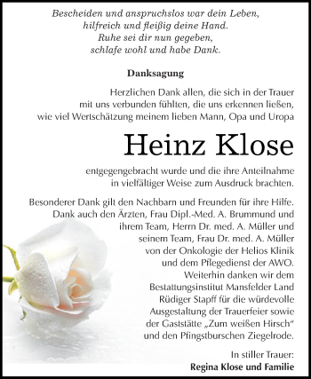 Traueranzeige von Heinz Klose von Wochenspiegel Mansfelder Land