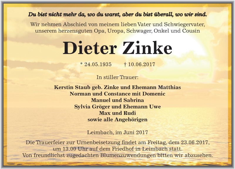  Traueranzeige für Dieter Zinke vom 15.06.2017 aus Mitteldeutsche Zeitung Mansfelder Land