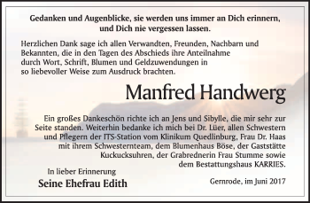 Traueranzeige von Manfred Handwerg von WVG - Wochenspiegel Quedlinburg