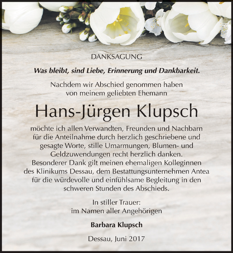  Traueranzeige für Hans-Jürgen Klupsch vom 24.06.2017 aus Mitteldeutsche Zeitung Dessau-Roßlau
