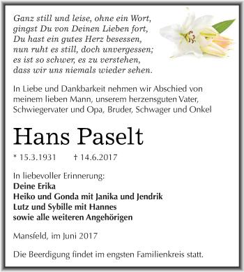 Traueranzeige von Hans Paselt von Super Sonntag SGH Mansf. Land