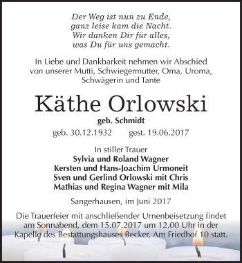 Traueranzeige von Käthe Orlowski von Mitteldeutsche Zeitung Sangerhausen