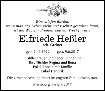 Traueranzeige von Elfriede Heßler von Mitteldeutsche Zeitung Halle/Saalkreis