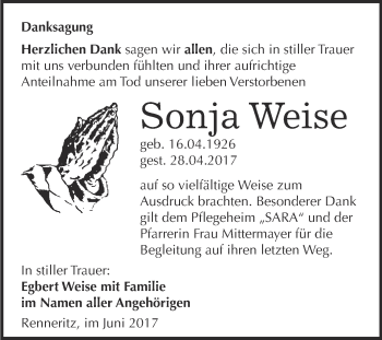 Traueranzeige von Sonja Weise von WVG - Wochenspiegel Bitterfeld