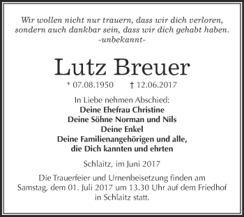 Traueranzeige von Lutz Breuer von WVG - Wochenspiegel Bitterfeld