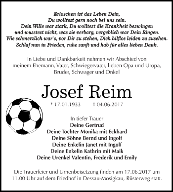 Traueranzeige von Josef Reim von WVG - Wochenspiegel Dessau / Köthen