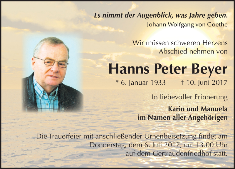 Traueranzeige für Hanns Peter Beyer vom 17.06.2017 aus Mitteldeutsche Zeitung Halle/Saalkreis