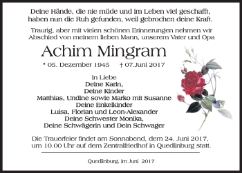 Traueranzeige von Achim Mingram von Mitteldeutsche Zeitung Quedlinburg