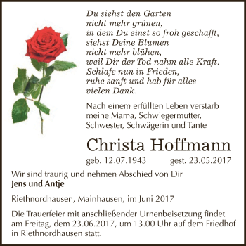 Traueranzeige von Christa Hoffmann von Super Sonntag SGH Mansf. Land