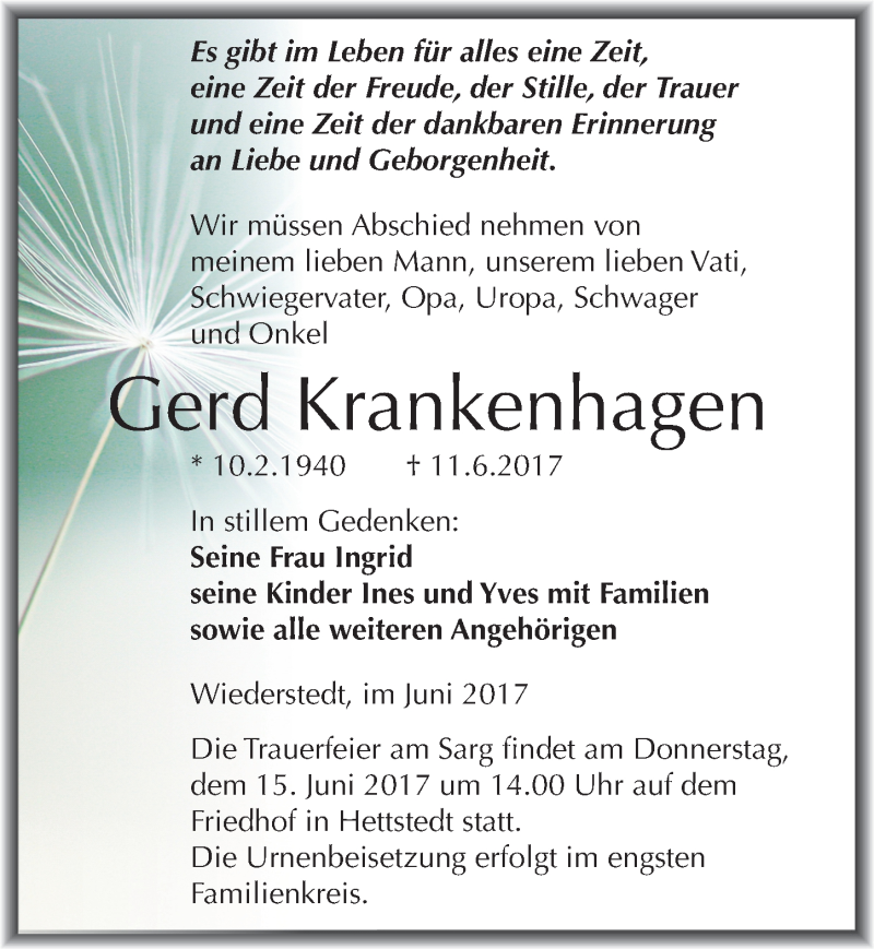  Traueranzeige für Gerd Krankenhagen vom 14.06.2017 aus Mitteldeutsche Zeitung Mansfelder Land