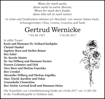 Traueranzeige von Gertrud Wernicke von Wochenspiegel Mansfelder Land