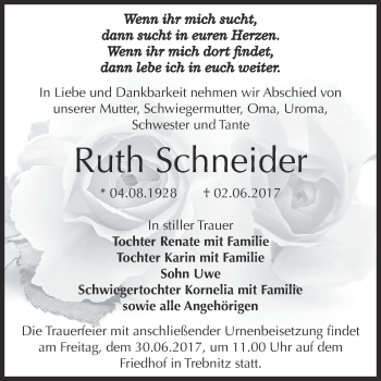 Traueranzeige von Ruth Schneider von Super Sonntag Bernburg