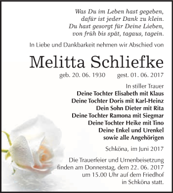 Traueranzeige von Melitta Schliefke von WVG - Wochenspiegel Wittenberg