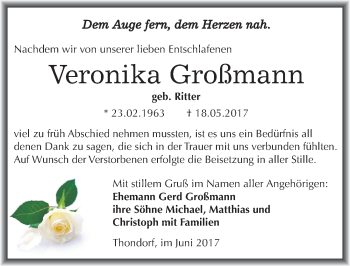 Traueranzeige von Veronika Großmann von Mitteldeutsche Zeitung Mansfelder Land