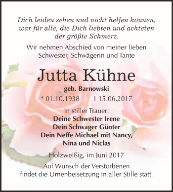 Traueranzeige von Jutta Kühne von WVG - Wochenspiegel Bitterfeld