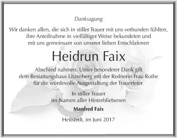 Traueranzeige von Heidrun Faix von Wochenspiegel Mansfelder Land