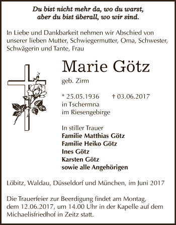 Traueranzeige von Marie Götz von Super Sonntag Zeitz