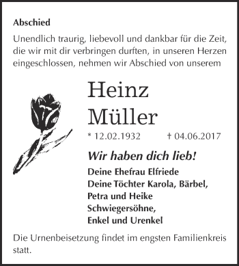 Traueranzeige von Heinz Müller von WVG - Wochenspiegel Bitterfeld