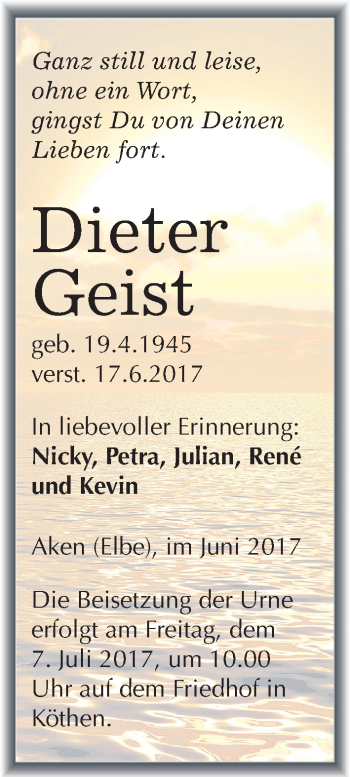 Traueranzeige von Dieter Geist von Mitteldeutsche Zeitung Köthen