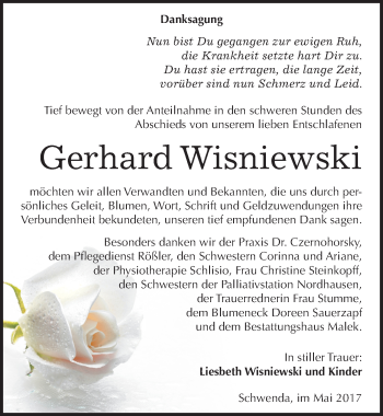 Traueranzeige von Gerhard Wisniewski von Mitteldeutsche Zeitung Sangerhausen